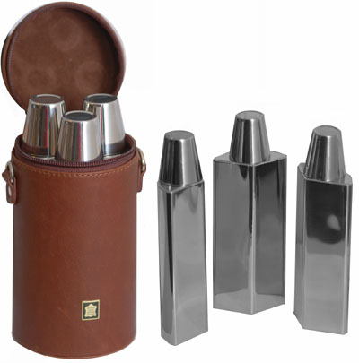 3 Flask Set with cups in Brown Spanish Leather Case