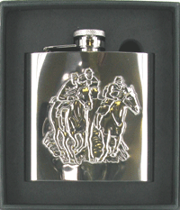 4oz Polished Steel Flask with Horse Racing Scene