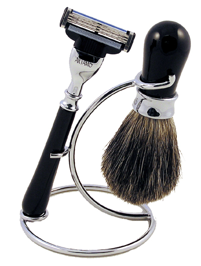 Black Mach 3 Razor, badger Brush and Stand