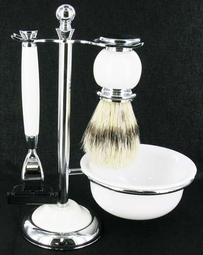 White Mach 3 Shaving Set with Bristle  Brush