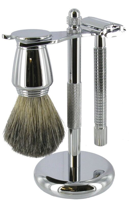 Chrome Safety Razor Set with Mixed Badger Brush