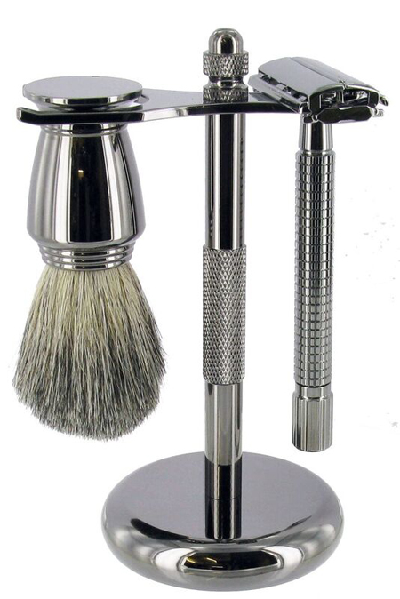 Gun Metal Safety Razor Set with Mixed Badger Brush